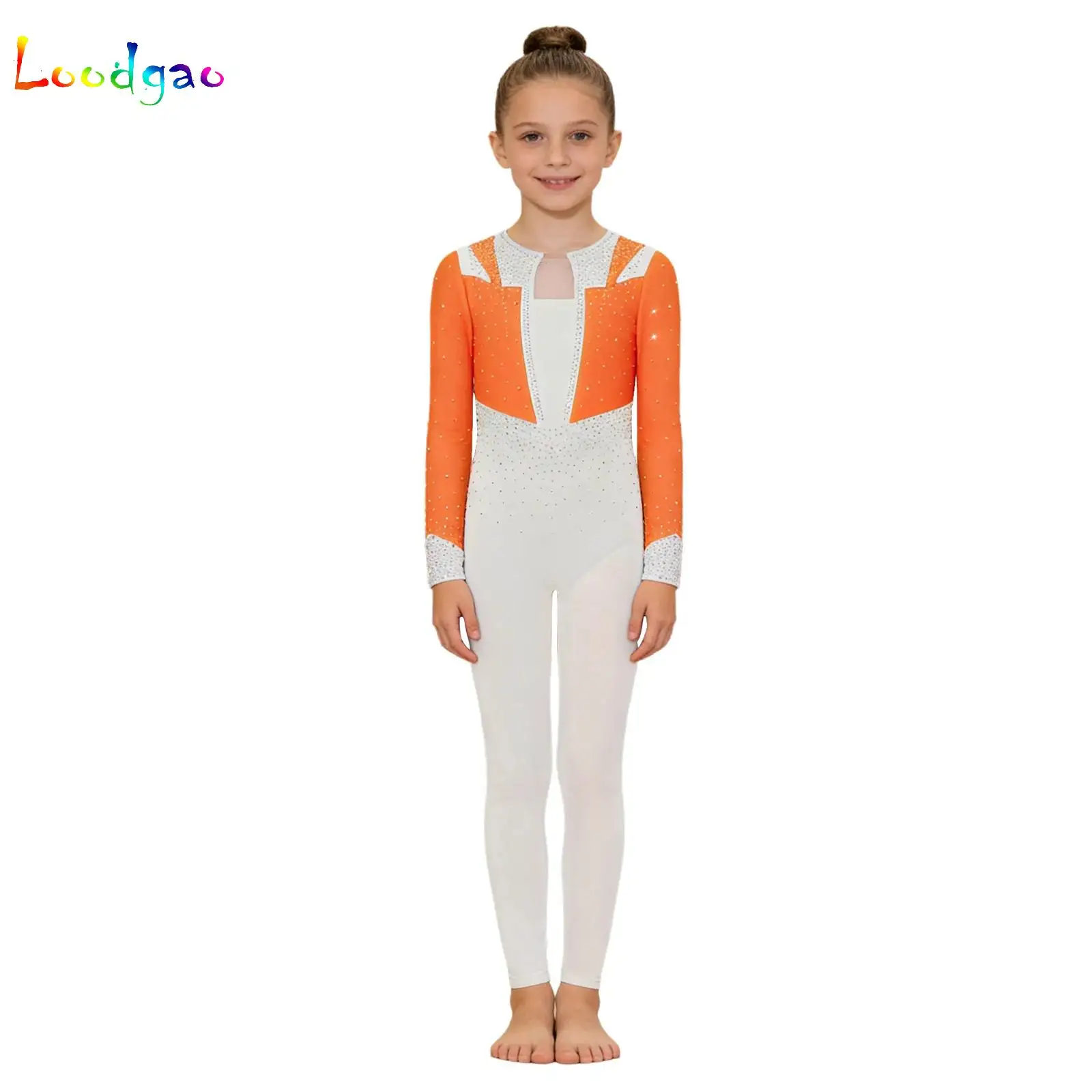 Kid Girls Shiny Rhinestone Gymnastics Rompers Figure Skating Acrobatics Performance Jumpsuit Printed Ballet Dance Jersey Unitard