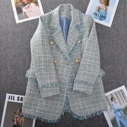 Tuta in Tweed da donna di grandi dimensioni 2023 primavera autunno manica lunga giacca Blazer allentata con nappe doppiopetto Vintage Z888