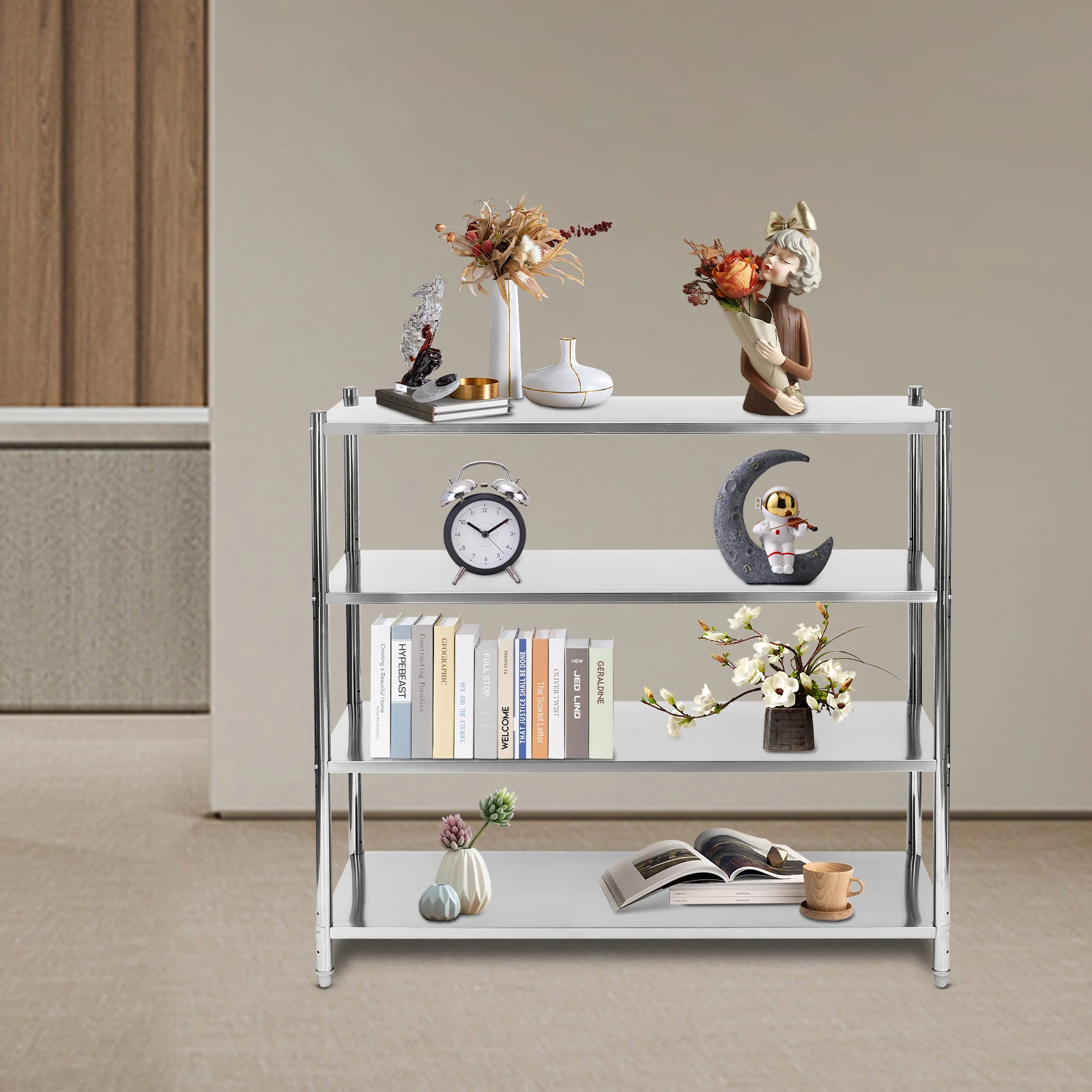 

4-ярусная регулируемая стеллажная система из нержавеющей стали для хранения товаров, напольная универсальная полка для коммерческих складов и логистики