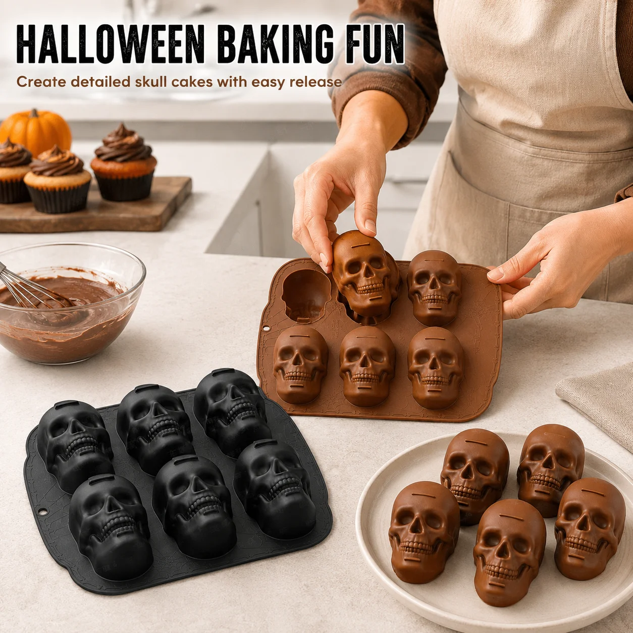 6-fach Totenkopf-Kuchenform aus lebensmittelechtem Silikon – leicht zu entformende Backform für gruselige Halloween-Party-Desserts und Schokolade – Detail 3