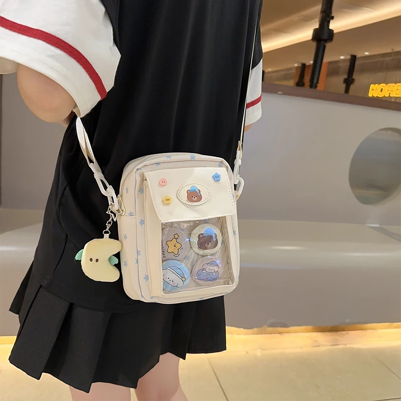 

Ins Girl Small Bag Nylon DIY Badge Messenger Bag Cute Transparent Cartoon Backpack Millet Bag Mobile Phone Bag Women