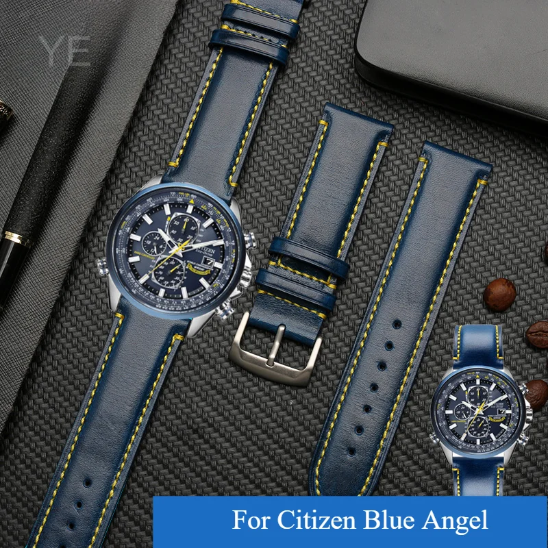 Glossy and Shiny, Wear-resistant Genuine Leather Watchbands for Citizen Air Eagle Blue Angel AT8020 JY8078 Series  22 23mm