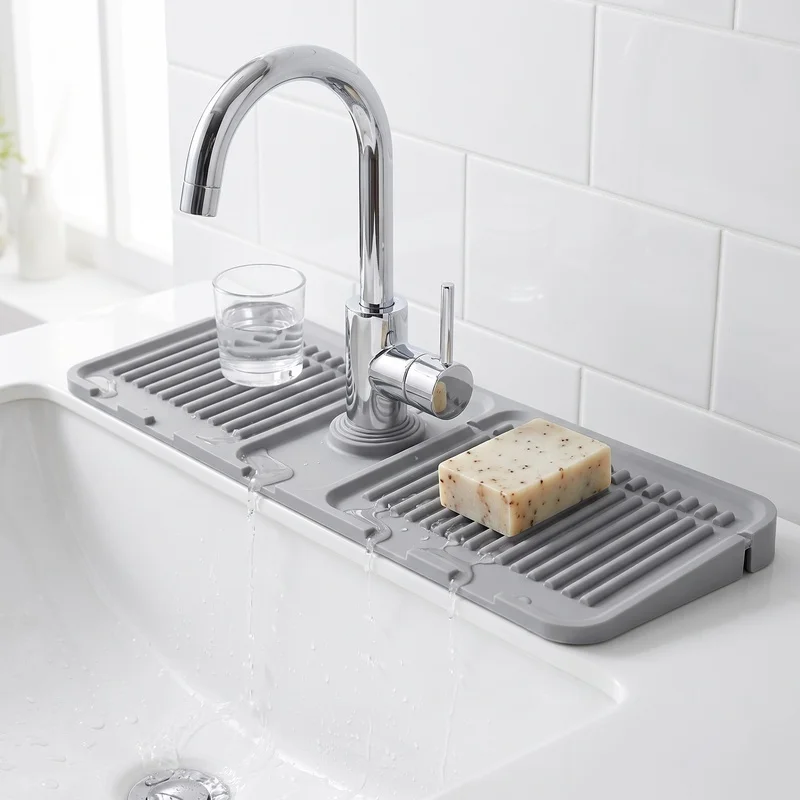 Sink Slope Drain Mat, Faucet Splash-Proof Silicone Water Barrier, Can Be Cut and Folded, Kitchen Drying Mat