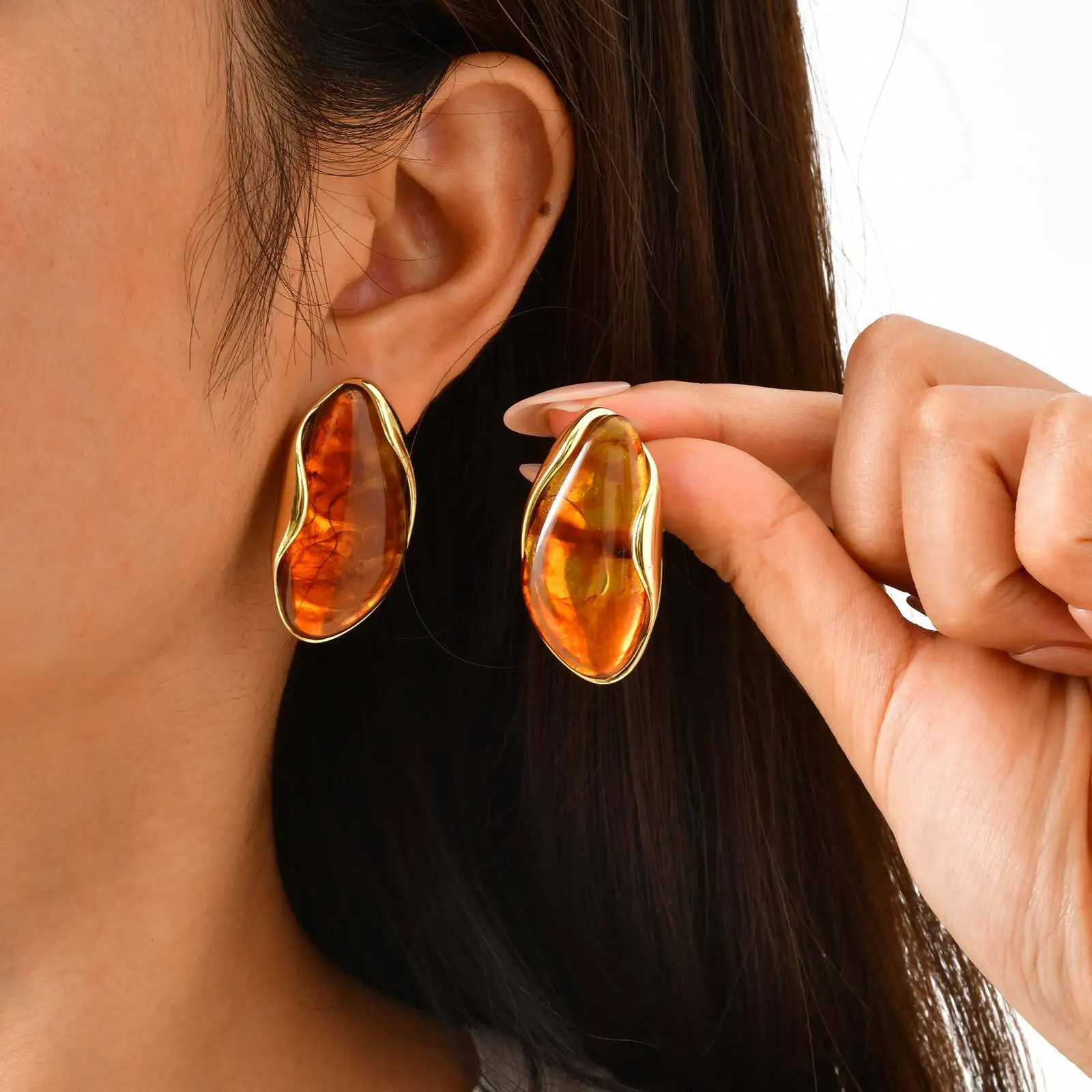 

Aesthetic Earrings for Women,14k Gold Plated Resin Chunky Studs Earrings, Hypoallergenic Vintage Fashion Jewelry Gifts