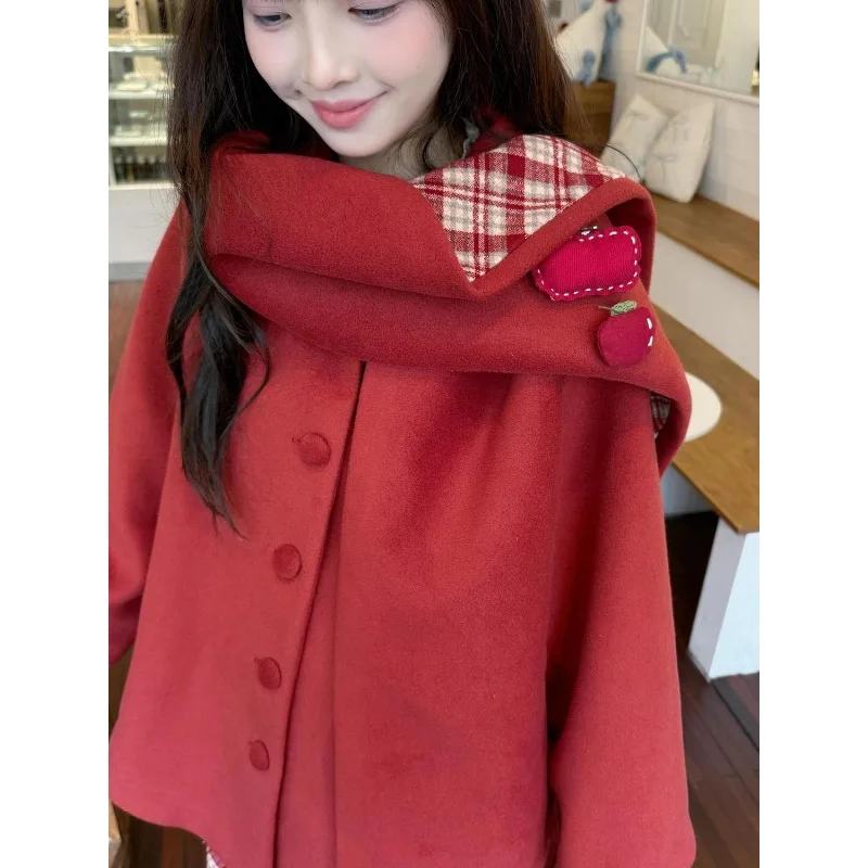 

2025 Autumn and Winter New Red Cape Shawl Woolen Coat Medium and Long Korean Version Sweet Loose Meat Covering Coat