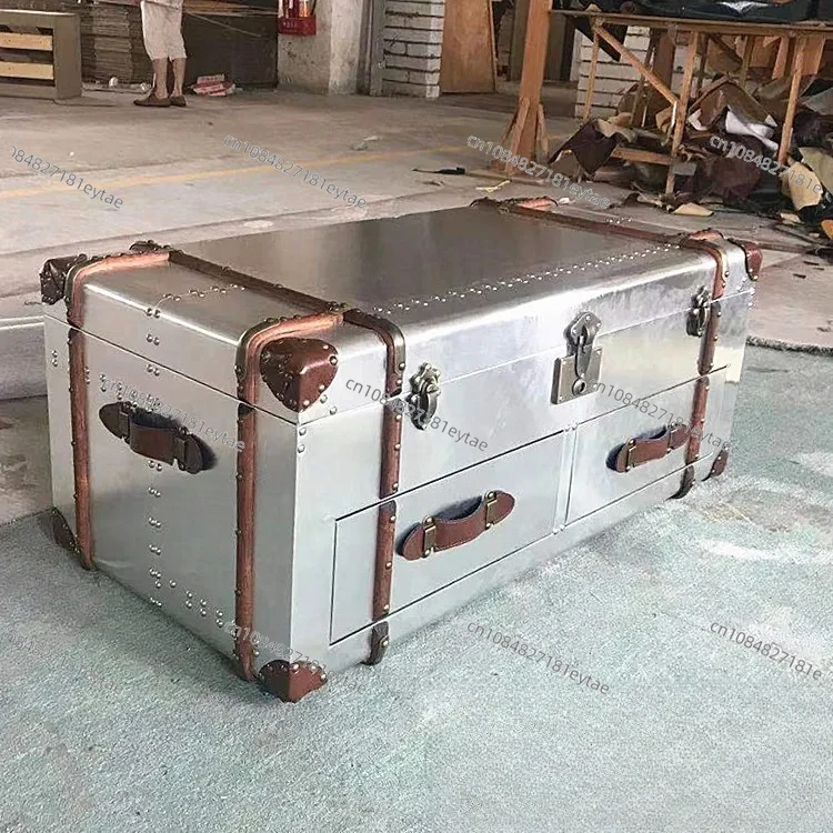 Loft retro coffee table, creative American nostalgic box tea aluminum leather craft industrial style living room furniture
