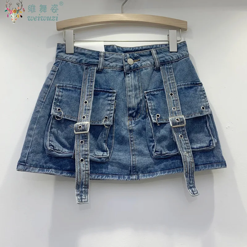 

3D Pocket Mini Denim Workwear Skirt Women Fashion Spicy Girl Party Denim Clothing Summer Slim Fit A-line Skirt Cool Streetwear