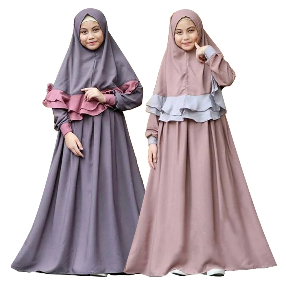 2Pcs Muslim Girls Prayer Maxi Dress Hijab Set Abaya Arabic Kids Robe Headscarf Islam Gowns Kaftan Ramadan Clothing Middle East