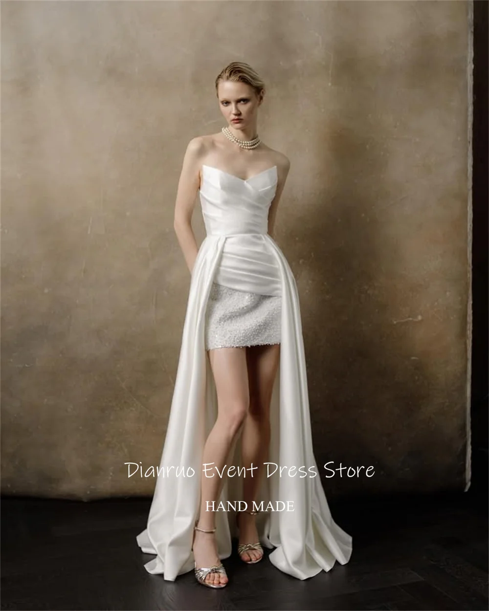 Dianruo Exquisites Hochzeitskleid mit hohem, niedrigem Saum, herzförmig, romantisch, Vestidos De Novia, Satin, ärmellos, Sermon PiPe Maga, Maßgeschneidert