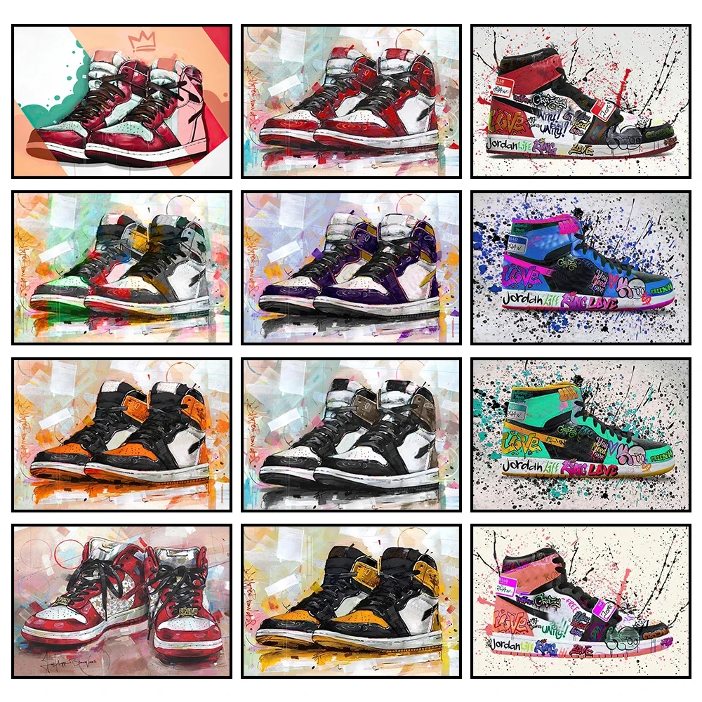 Fashion Trendy Graffiti Sneakers Wall  Poster Classic Basketball Shoes Home Decoration Canvas Painting Mural Prints Pictures