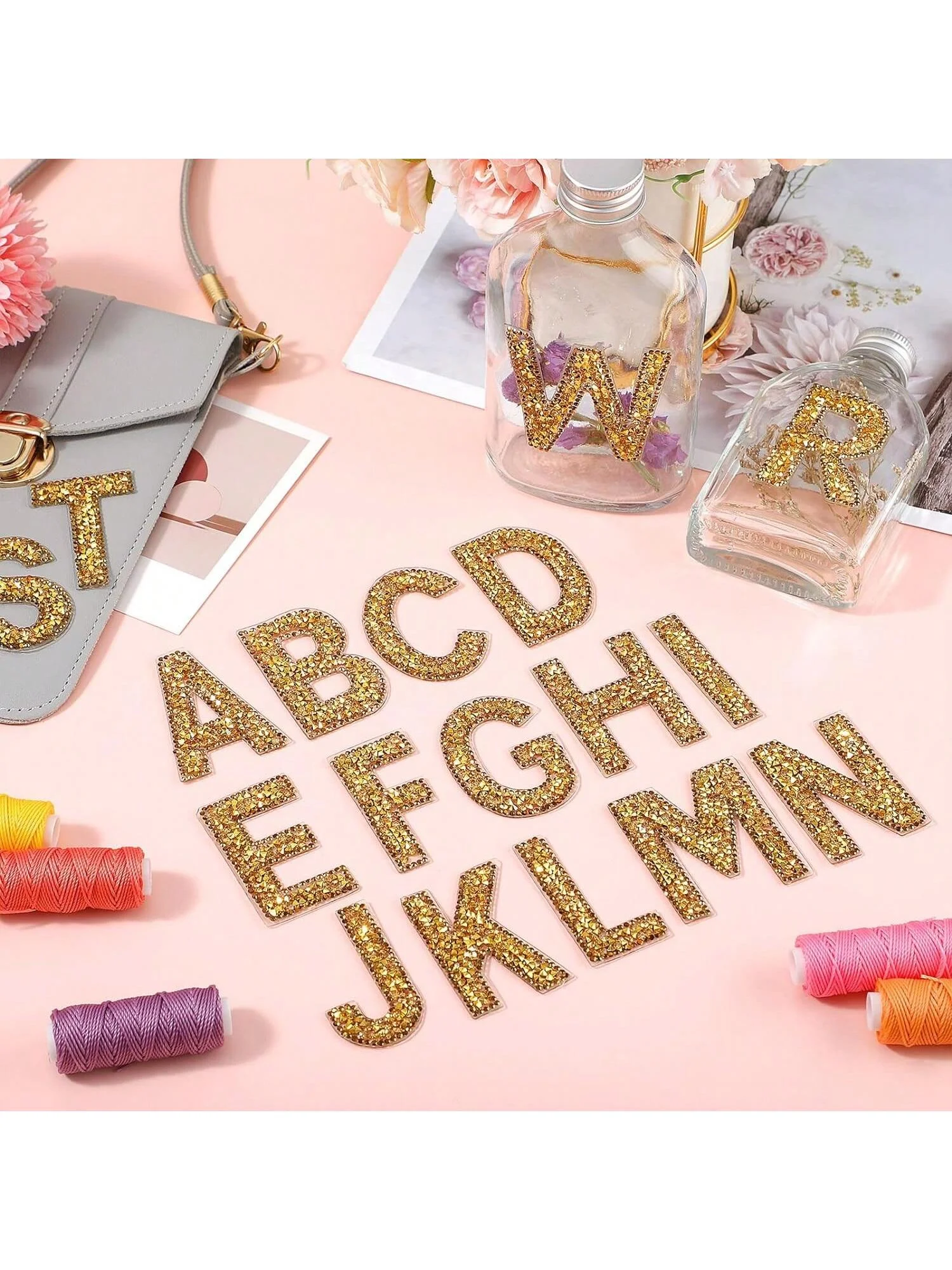 Rhinestone Iron On Patch Initial A-Z Pearl Bling Rhinestone Letter Patch Glitter Alphabet Rhinestone Pearl English Letter(Gold)