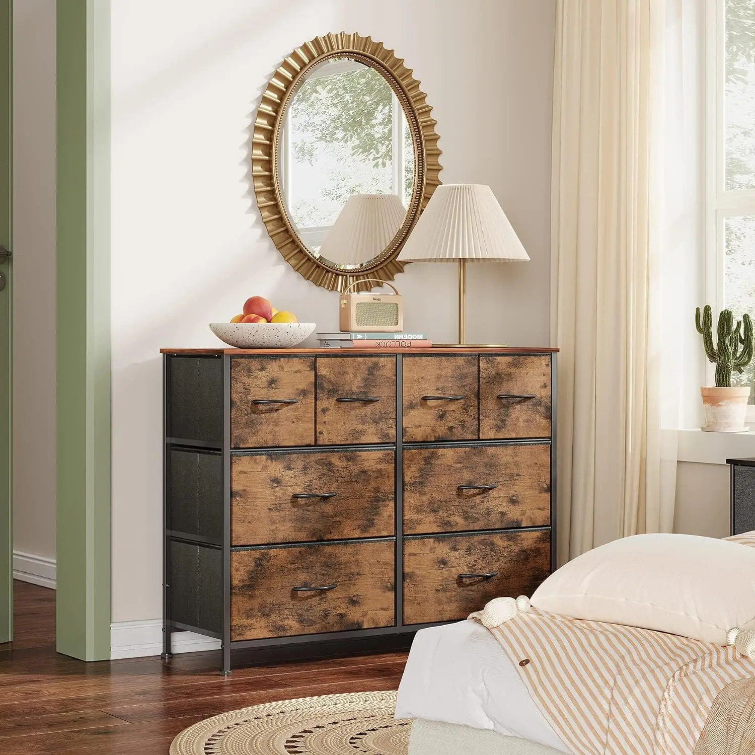 Dresser for Bedroom with 8 Drawer,Wide Fabric Dresser for Storage and Organization,Bedroom Dresser,Rustic Brown Wood Grain Print