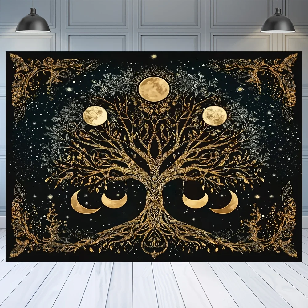 

VIKAMA Golden Tree of Life Tapestry Full Moon Crescent Moon Living Room Meditation Room Mystical Decor Starry Sky Wall