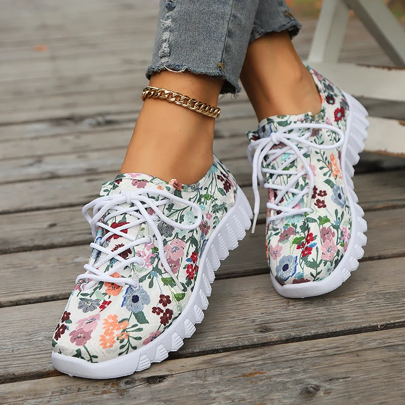 Trend Multi-color Floral Print Women Sneakers Outdoor Lace Up Shallow Woman Shoes Leisure Comfort Thick Bottom Single Shoes