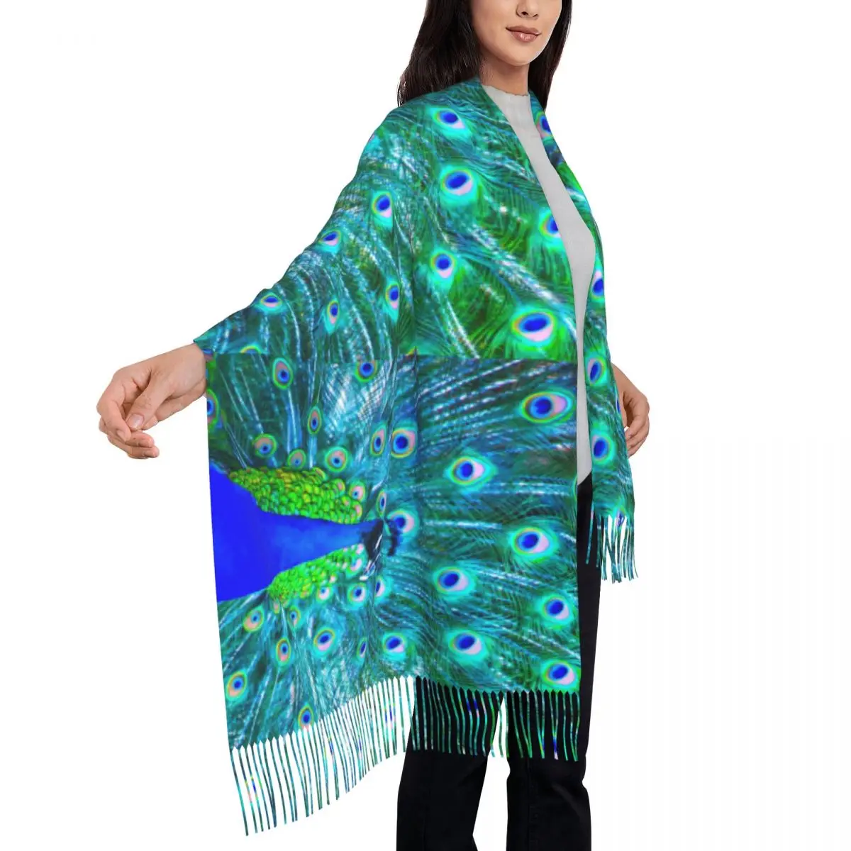 

Imperial Empress Peacock Scarf with Tassel Animal Feathers Warm Soft Shawl Wraps Female DIY Scarves Wraps Autumn Retro Foulard