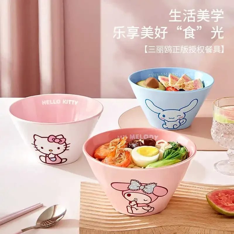 Kawaii Cute Sanrio Hello Kitty Cinnamoroll Ceramic Bowl Anime Cartoon My Melody Household Large Capacity Ramen Bowl Tableware