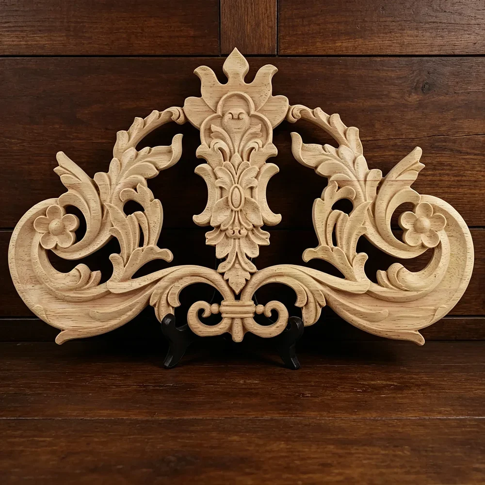 2PCS Carving Natural Wood Appliques for Furniture Cabinet Unpainted Wooden Mouldings Decal Vintage Home European Style Decor