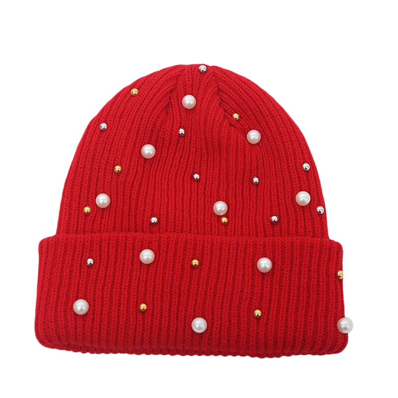 

Women Fashion Beanie Handmade Knitted Hat Artificial Pearl Decor Cute Cap Autumn Winter Warm Beanie