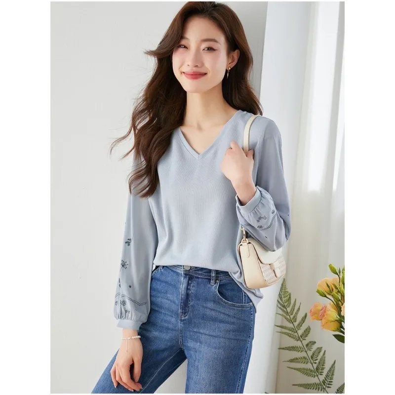 Femme Spring Autumn Korean Fashion Printing Solid Color V-neck Pullovers Women Clothing Elegant Simplicity Patchwork Long Sleeve