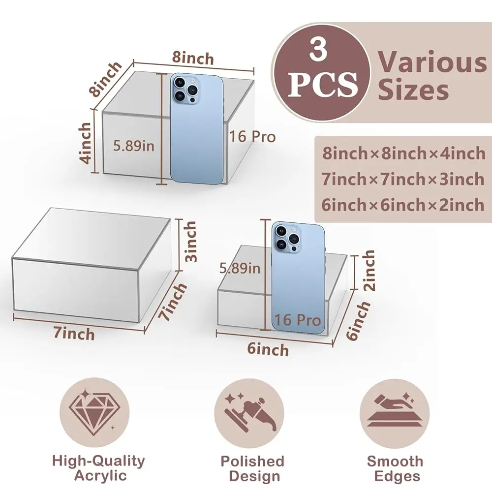 Buffet-Riser, Spiegel-Acryl-Lebensmittel-Riser für Buffet-Tisch, 3 Stück, silberne Lebensmittel-Display-Riser für Party-Buffet-Riser und Ständer