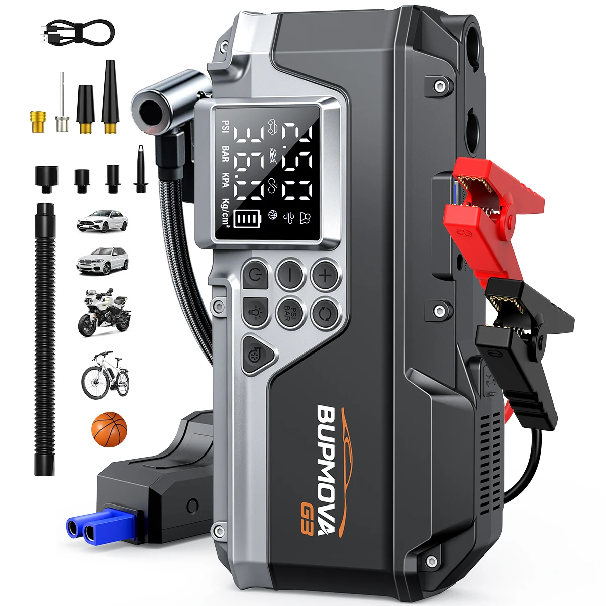 Ce kit de démarrage d'urgence 6-en-1 comprend un démarreur d'urgence de 4000A de puissance de pointe, une pompe à air de 160 PSI (pour voitures/motos/outils), un souffleur, une lampe LED, un outil d'urgence multifonction portable et un câble de démarrage intelligent.