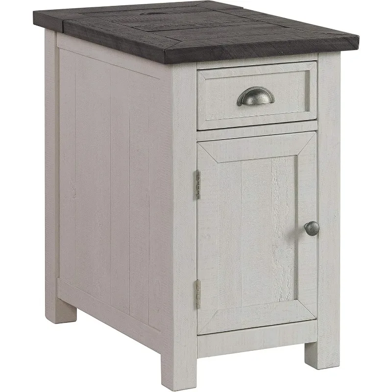 Monterey Chairside Table - White with Grey Top - Coastal Multi-Use Table with Built-in Outlets and Drawers for Bedroom