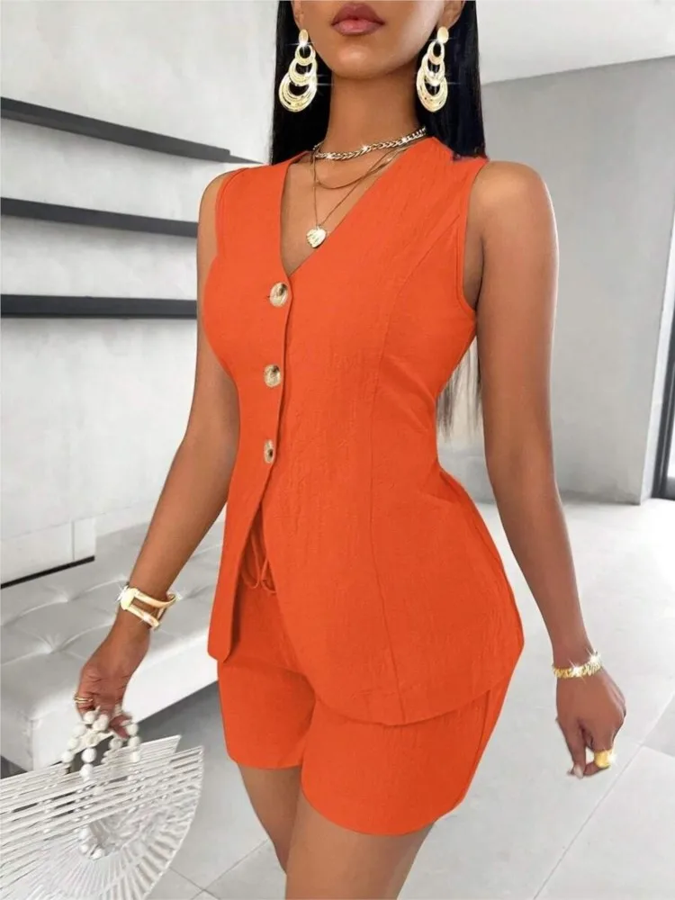 Conjunto liso de moda para mujer, Tops informales sin mangas con cuello en V y pantalones cortos, conjuntos de dos piezas para mujer, ropa elegante de oficina para mujer, nuevo