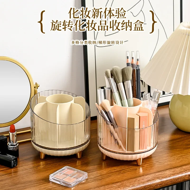 Rotating Makeup Brush Organizer Desktop Compartment Lipstick Eyebrow Pencil Loose Powder Brush Cosmetics Storage Containers