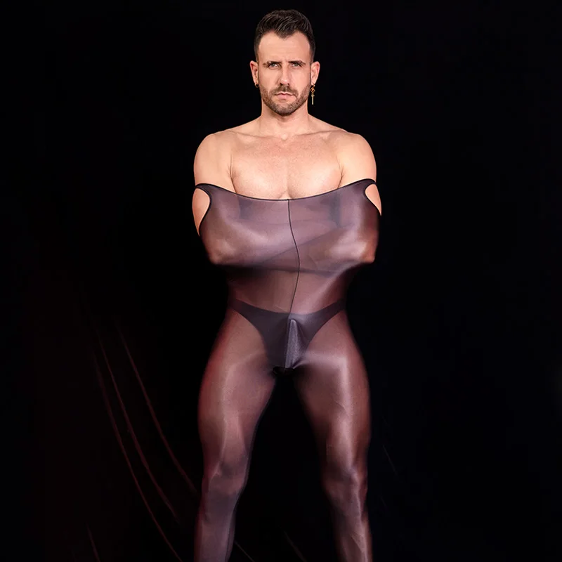 ملابس داخلية مثيرة للرجال لباس ضيق بدون أكمام ملابس داخلية مثيرة قطعة واحدة بذلة زيتية لامعة ناعمة قابلة للتمدد ملابس جنسية إباحية