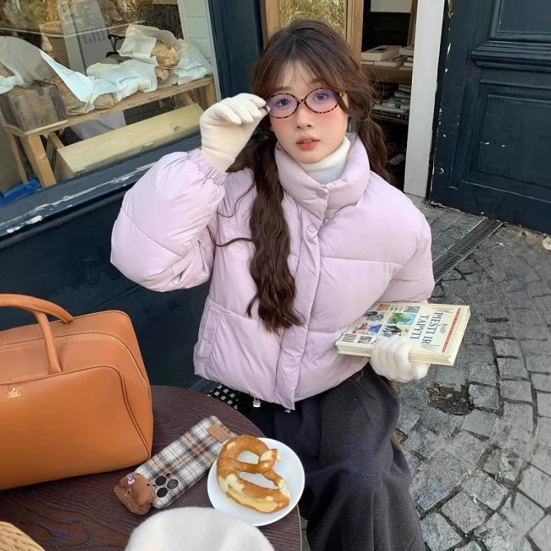 Round Neck Short Bread Cotton Jacket Women's 2025 Bread Cotton Jacket Thick Stand-up Collar Cotton Jacket in Winter Is Cute
