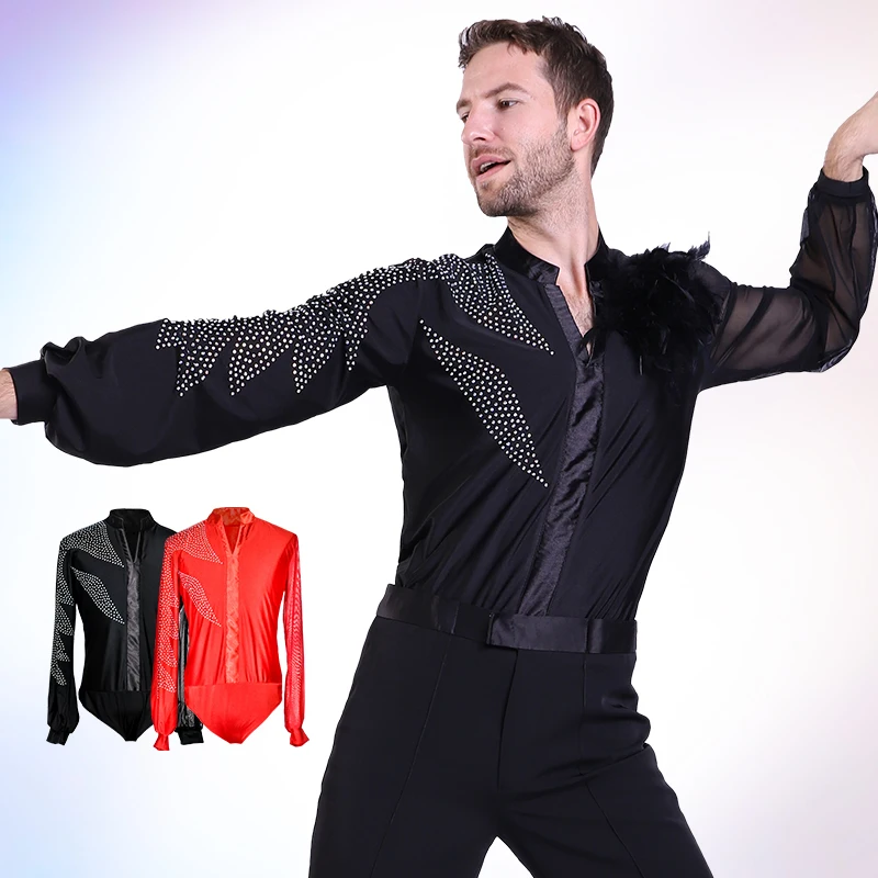 Men Latin Dance Lace black and red Garment Dance Waltz Ballroom Dance Garment Performance latin man shirts Cha Cha Dance Wear