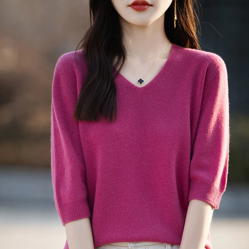 2024 Spring and summer New Cashmere Short sleeve Sweater Women Solid Short Sleeve O-neck Pullovers Knitted Sweaters