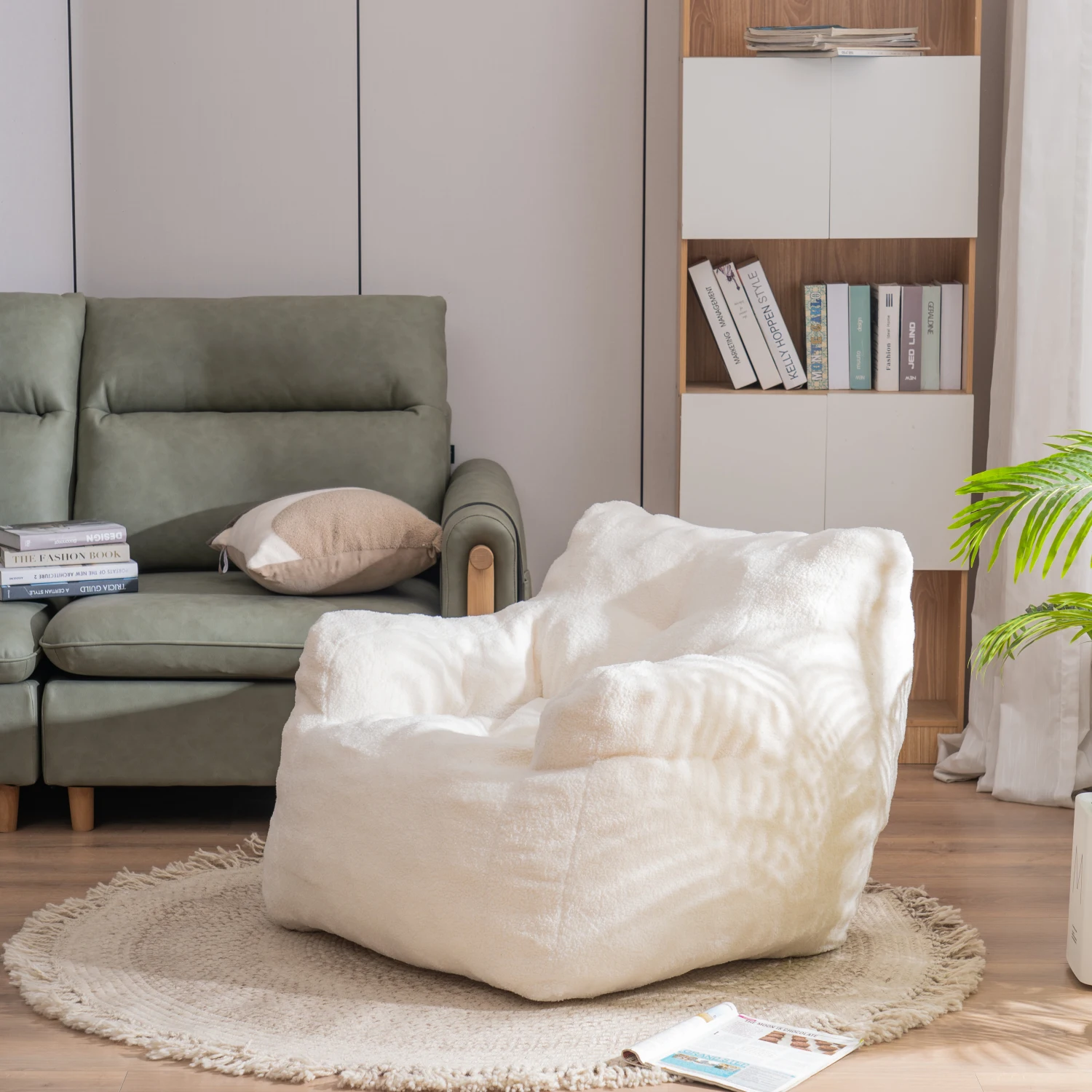 

010-Soft Teddy Fabric Tufted Foam Bean Bag Chair With Teddy Fabric Ivory White