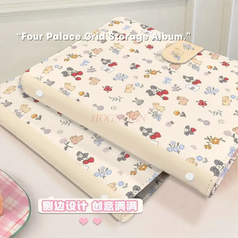 1book Ins style floral bunny A5 card book PU leather detachable insert dustproof book 3-inch four grid storage book