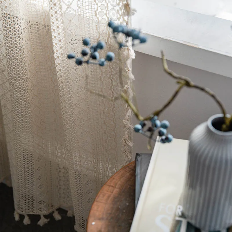 1 Panel Boho Lace Sheer Window Curtains with Tassels Rod Pocket For Living Room Modern Voile Drapes Bedroom Decoration