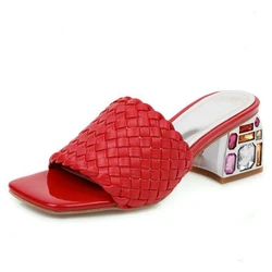 Comfort Summer Slipper Women Mules Shoes Outdoor Luxury Crystal Sandal Low Heels Casual Knitted Beach Footwear Shoes Large Size