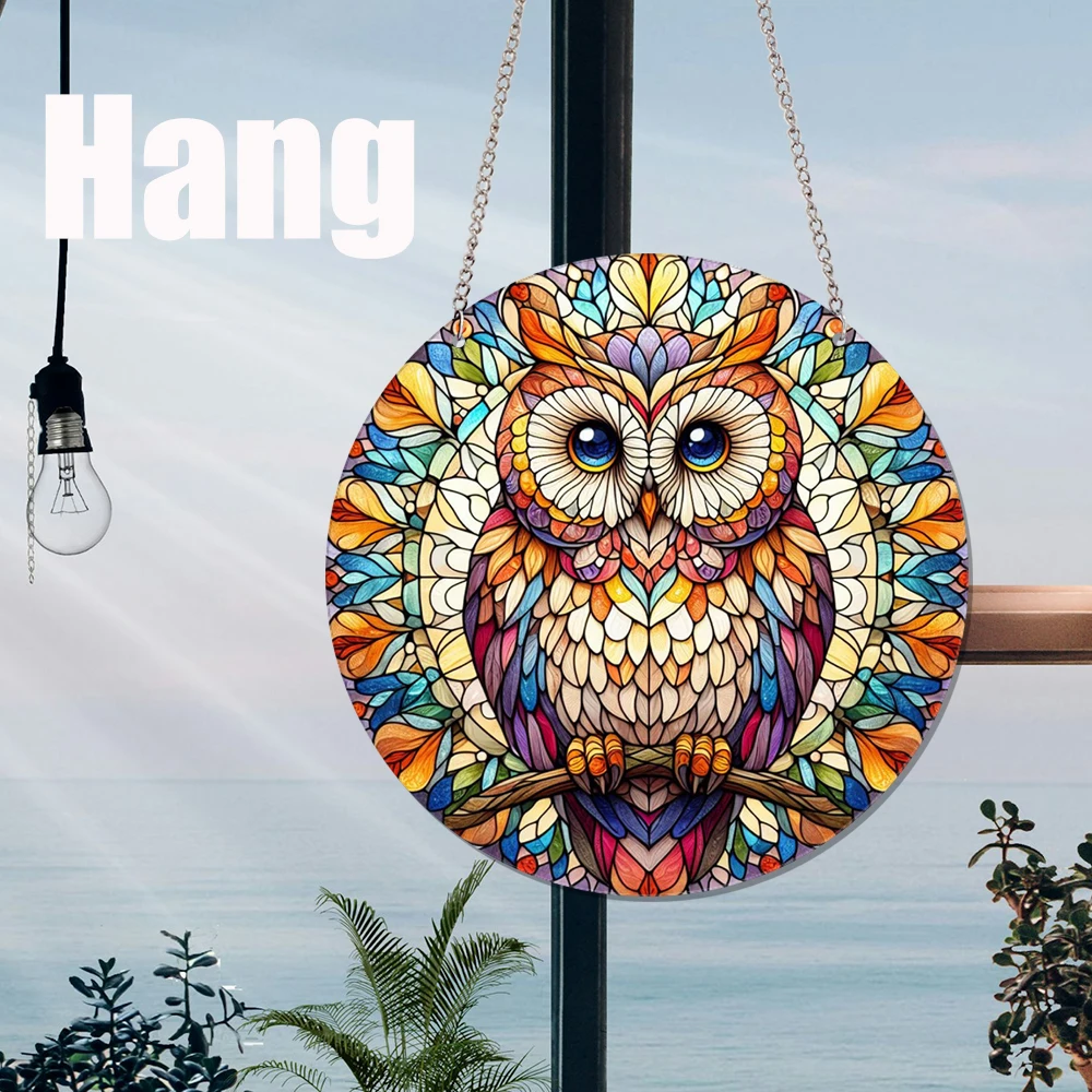 1 pc hot sale hooter Owl Stained Acrylic Window Decor Window Hangings with Chain Stained Acrylic Panel Stain Glass Home Décor