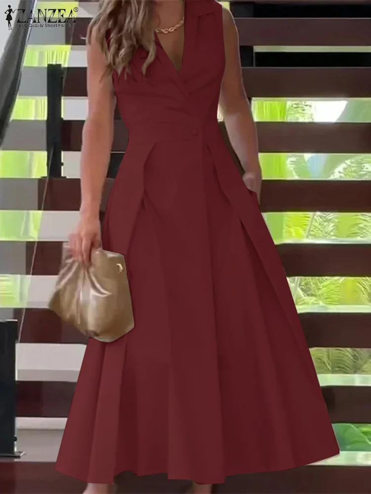 ZANZEA 2024 Fashion Women Sundress Summer Elegant Lapel Neck Sleeveless A-line Dress Stylish Solid Midi Party Vestido Sarafans