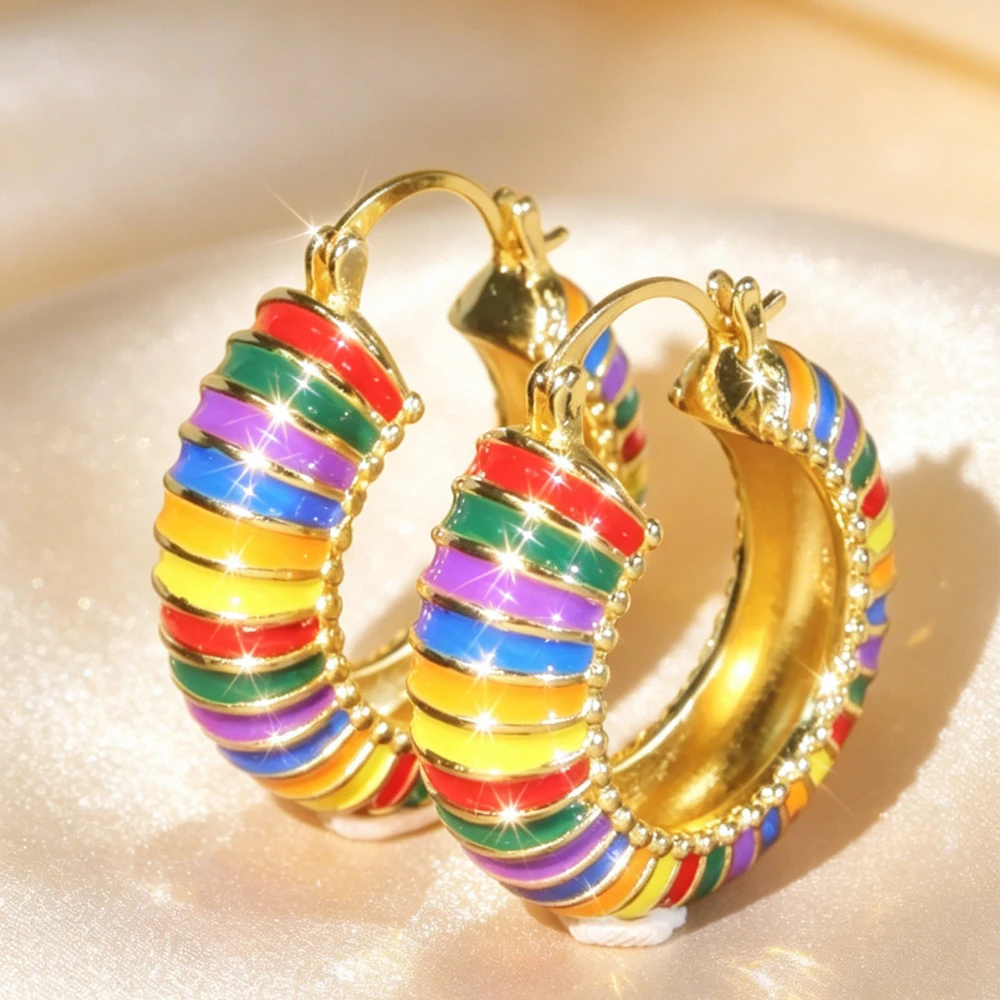 1 Pair of Colorful Striped Enamel Drop Earrings - Vintage & Elegant Rainbow Half-Hoop Design, Luxurious Party Jewelry for Sophisticated Style Unusual Jewelry for Women Men High Quality