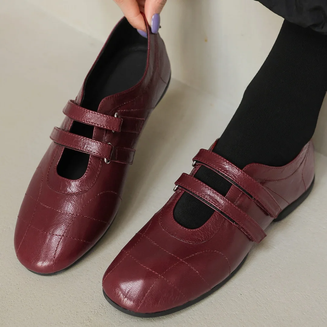 

Туфли-балетки Mary Jane danxuefei 2026, весенние, новые, женские, из натуральной кожи, с круглым носком, двойным узким ремешком на липучке, без застежки, размер 40