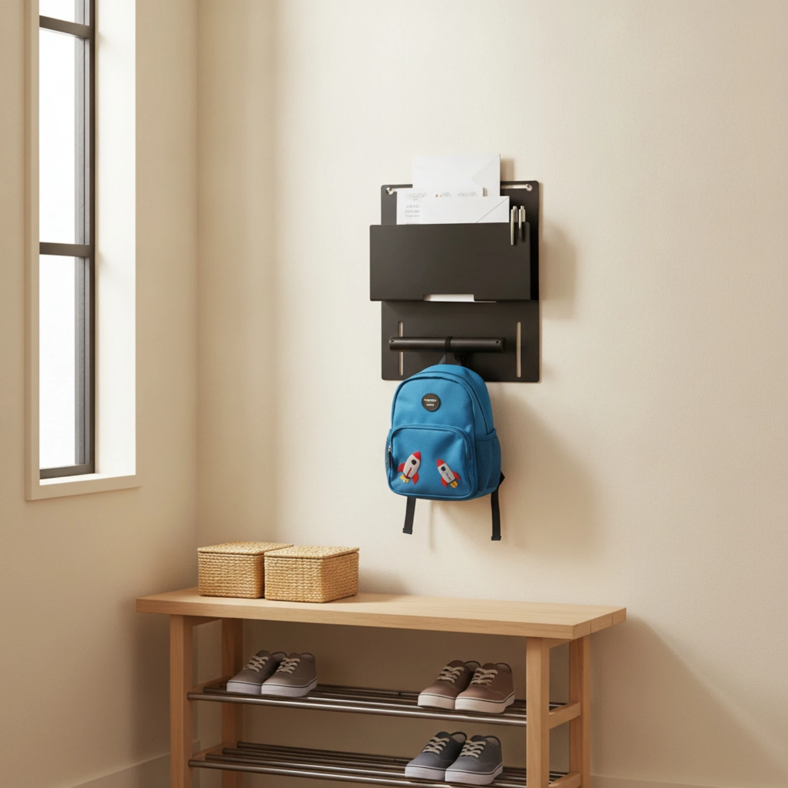 Wall-Mounted Storage Rack Space-Saving Rack with Hanging Rod Organizer Multi-Slot Compact for Students, Entryway, Study Corner