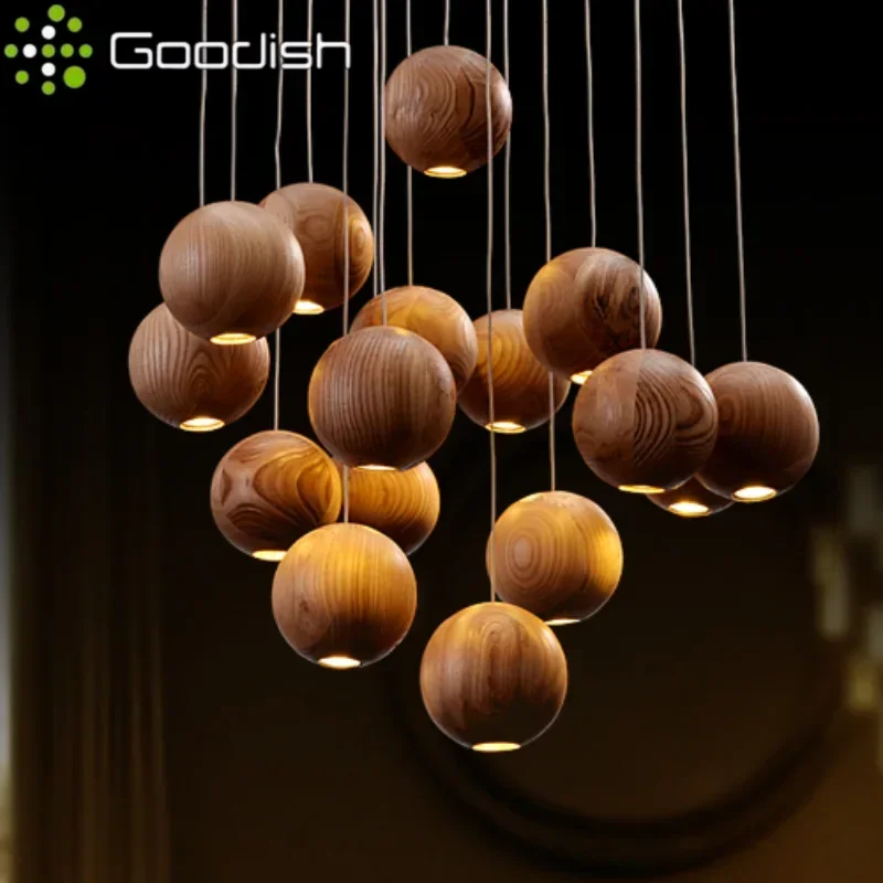 

Modern Dark Night Wind Style Solid Round Bamboo Wooden Ball LED Pendant Lights Creative Lamp for Bar Home Decoration Chandelier