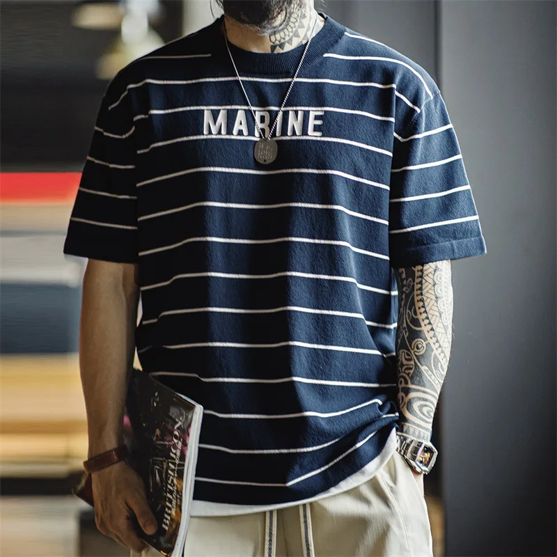 

Футболка Maden American в полоску в стиле ретро с буквенным принтом f Sve Sea Soul irt, мужская летняя, приятная для кожи, дышащая