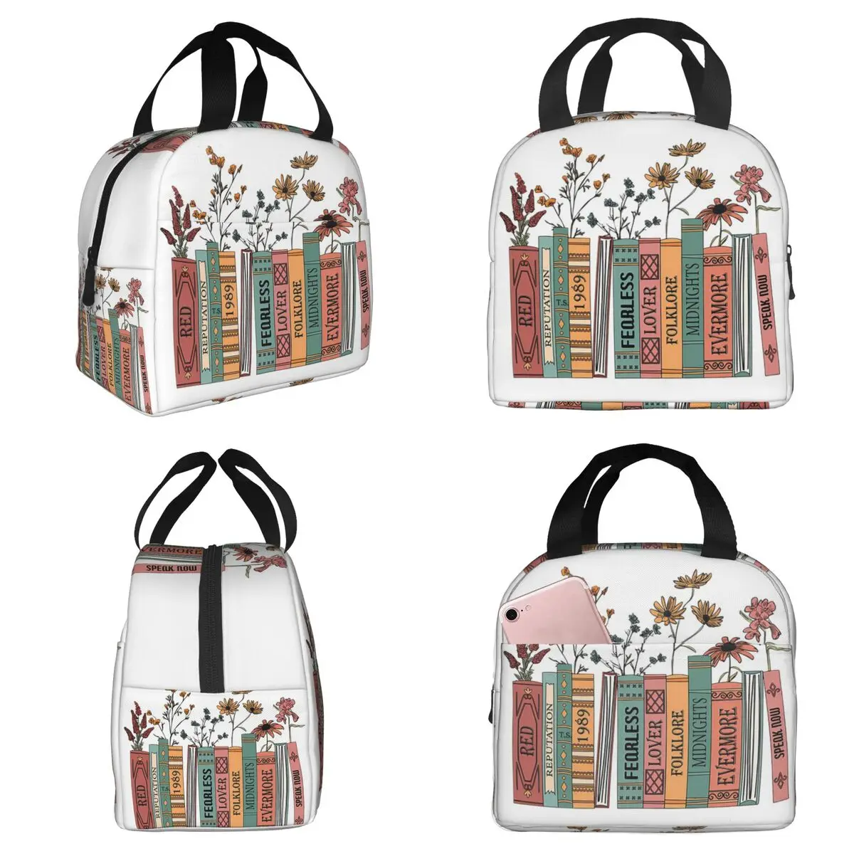 

Термосумка для обедов с цветочным принтом и изображением книжной полки для детей, школьная термосумка-холодильник для еды, портативный контейнер для ланчей