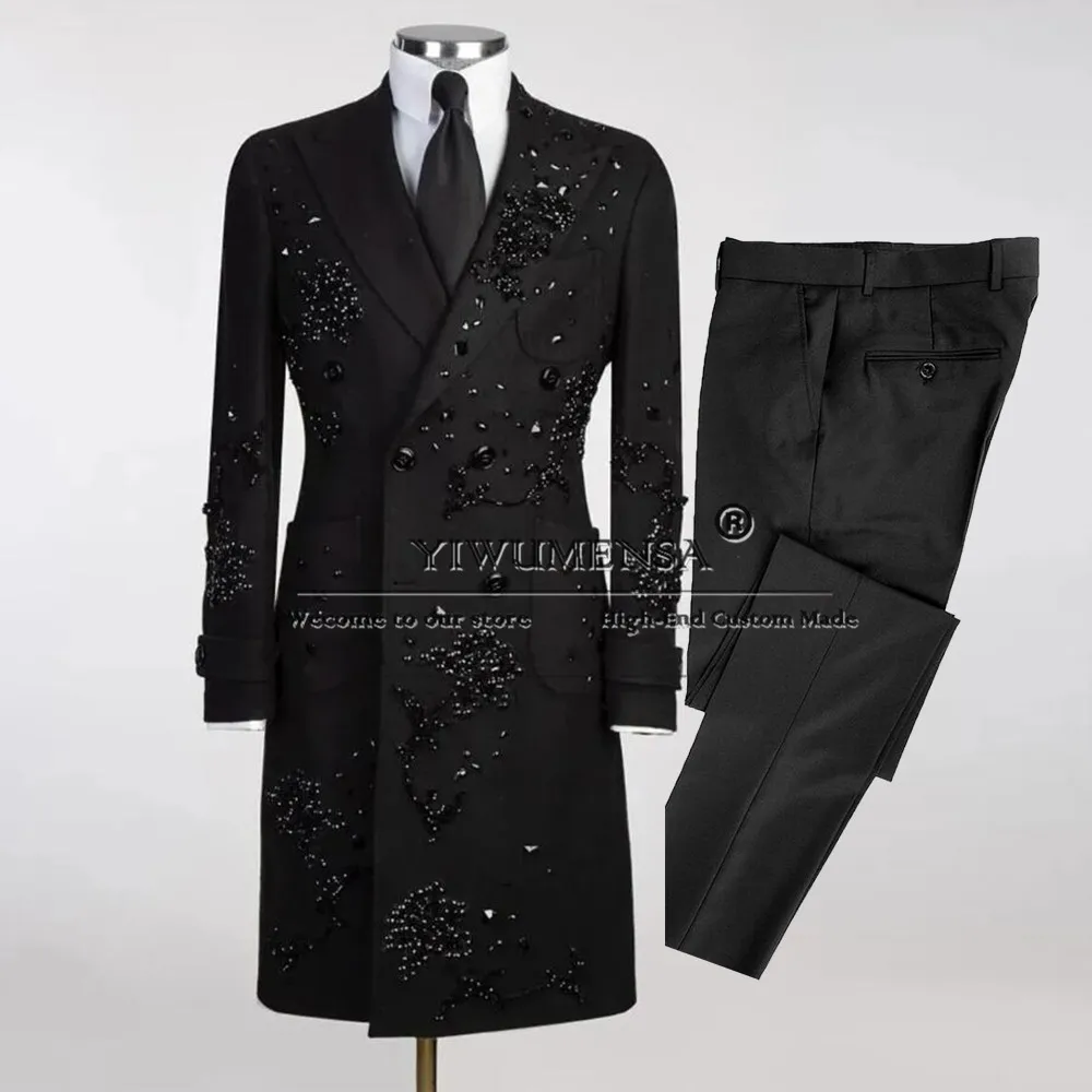 

Rhinestone Jewelry Suit Men For Wedding Prom Tuxedos Long Double Breated Jacket Pants 2 Pieces Man Tuxedos costumes hommes 2025