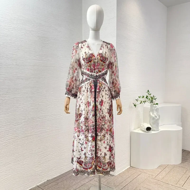 Bege borboleta floral impressão longa lanterna nova moda 2024 manga rendas de alta qualidade com decote em v vestidos midi para senhoras