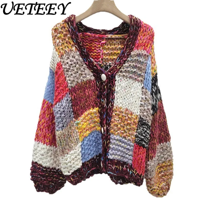 Korean Style Thick Knit Heavy Handmade Sweater Cardigan Autumn Winter New Color Contrast Vintage V-neck Loose Coat Short Top