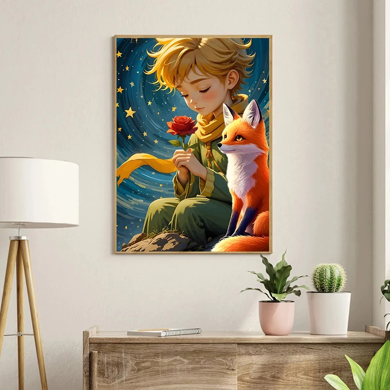 Whimsical Little Brave Boy Rose Fox Nursery Canvas Painting Poster Print  Nursery Wall Art for Living Room Home Decor Cuadros