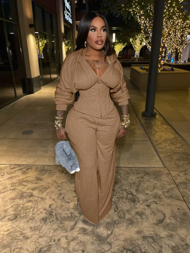 KEXU أزياء المرأة عودة الدانتيل متابعة مقنعين أعلى والسراويل الطويلة مجموعات الخريف عارضة الشارع قطعتين مجموعة