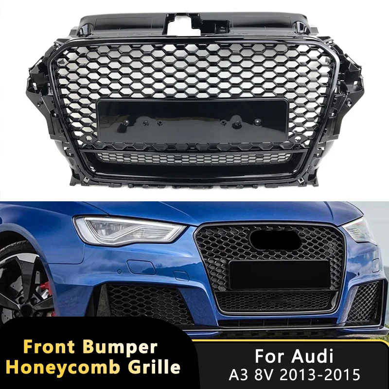 Honeycomb Grille Front Bumper Grille For Audi A3 8V 2013-2015 Glossy Black RS3 Style With Quattro High Quality Racing Grills